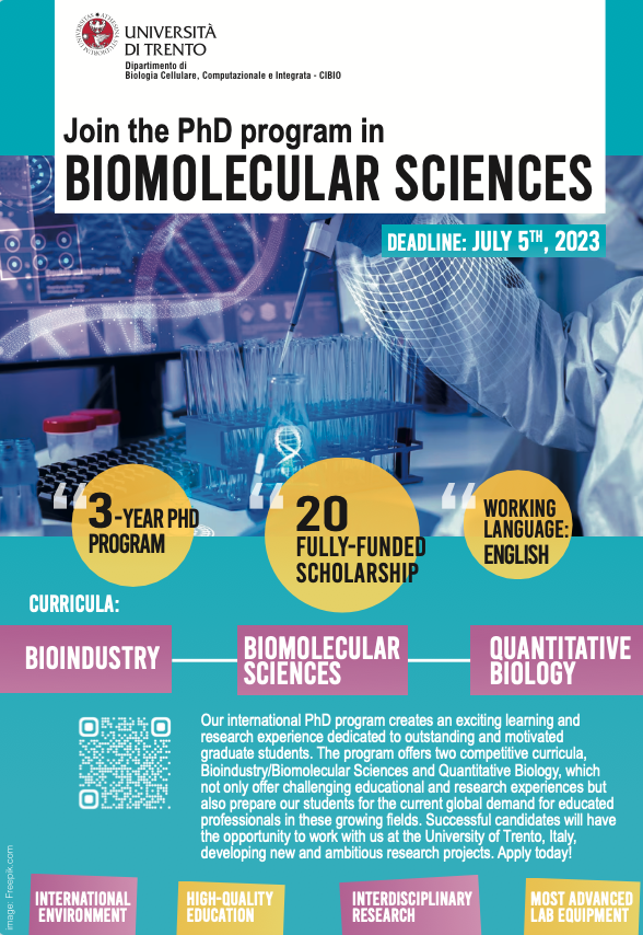 🏆Open call for International #PhD program in Biomolecular Sciences at CIBIO.

APPLY TODAY!

ℹ️ unitn.it/drbs/
🗓️ Apply by July 5th, 2023

#phd #molbio #neuroscience #bioinfo #compbio #cancer #ScienceJobs #Biology