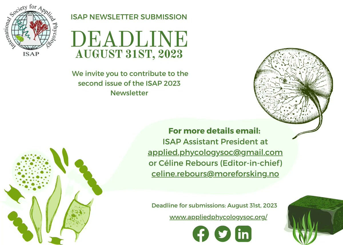 Do not forget article sumbissions for ISAP 2023 Newsletter are open.
buff.ly/3PX8y7Q r #seaweed #macroalage #microalage #phycology #newsletter #kelp #algae #appliedphycology Tell us about conferences, workshops, symposia, training courses, project updates, book reviews