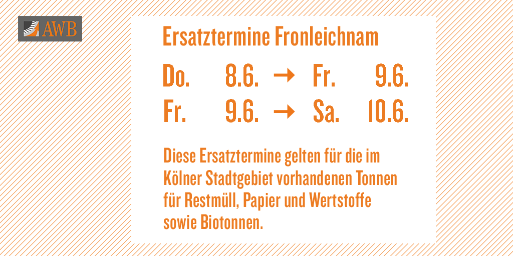 awbkoeln_info's tweet photo. Aufgrund des Feiertags am 8. Juni verschieben sich die #Abfuhrtermine in dieser Woche ab dem Donnerstag jeweils um einen Werktag nach hinten. Wir wünschen euch einen schönen Feiertag! #AWBkoeln #müllabfuhr #teamAWB https://t.co/wmICL6QBBR