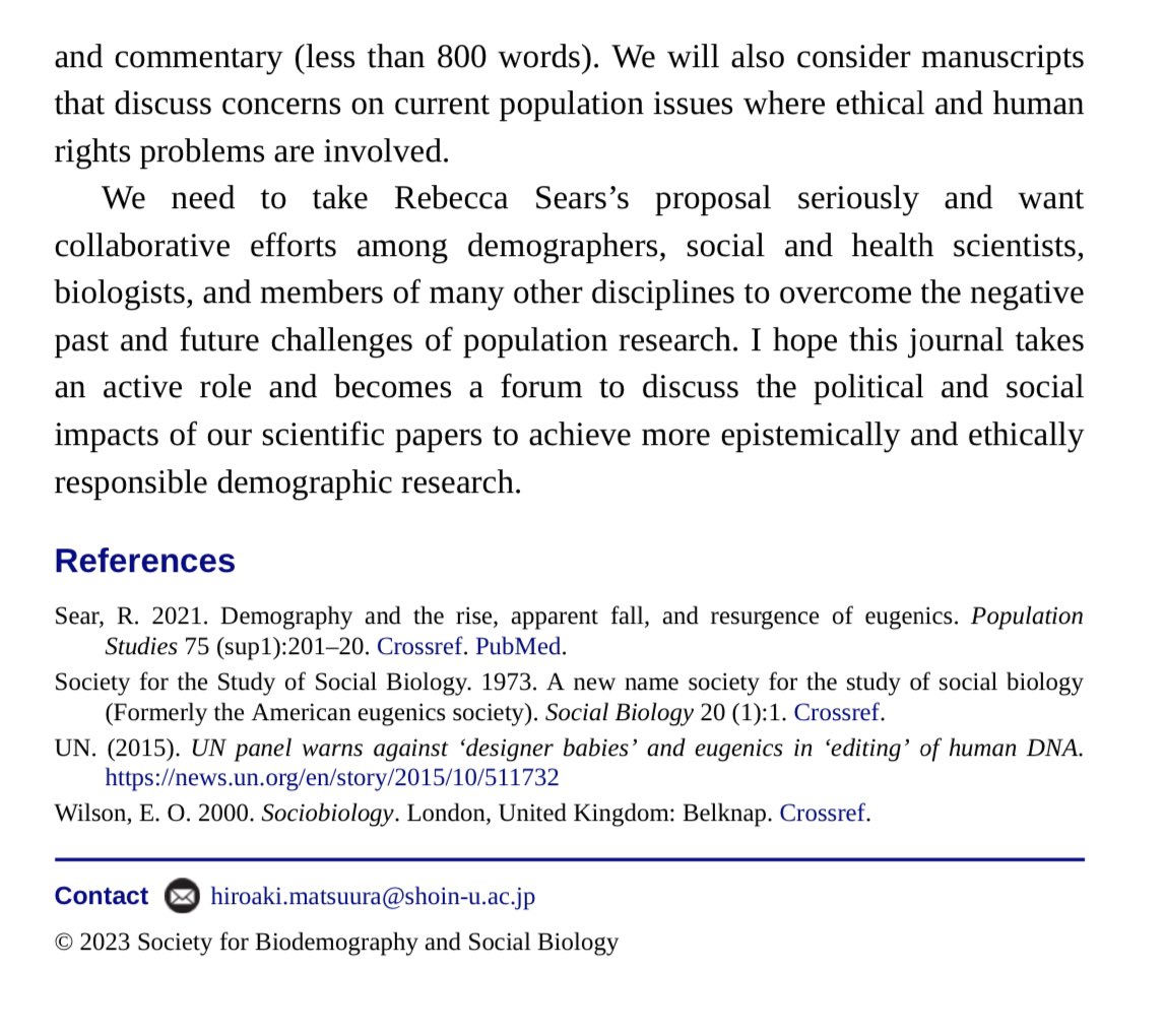 RebeccaSear's tweet photo. Here’s a journal to get behind. The new editor of Biodemography &amp; Social Biology, Hiroaki Matsuura, is keen to address the journal’s past - it was set up in 1916 as Eugenical News - to make sure future research is “epistemically &amp; ethically responsible” https://t.co/sFBWxs2Rhr https://t.co/MShx7xPn5B