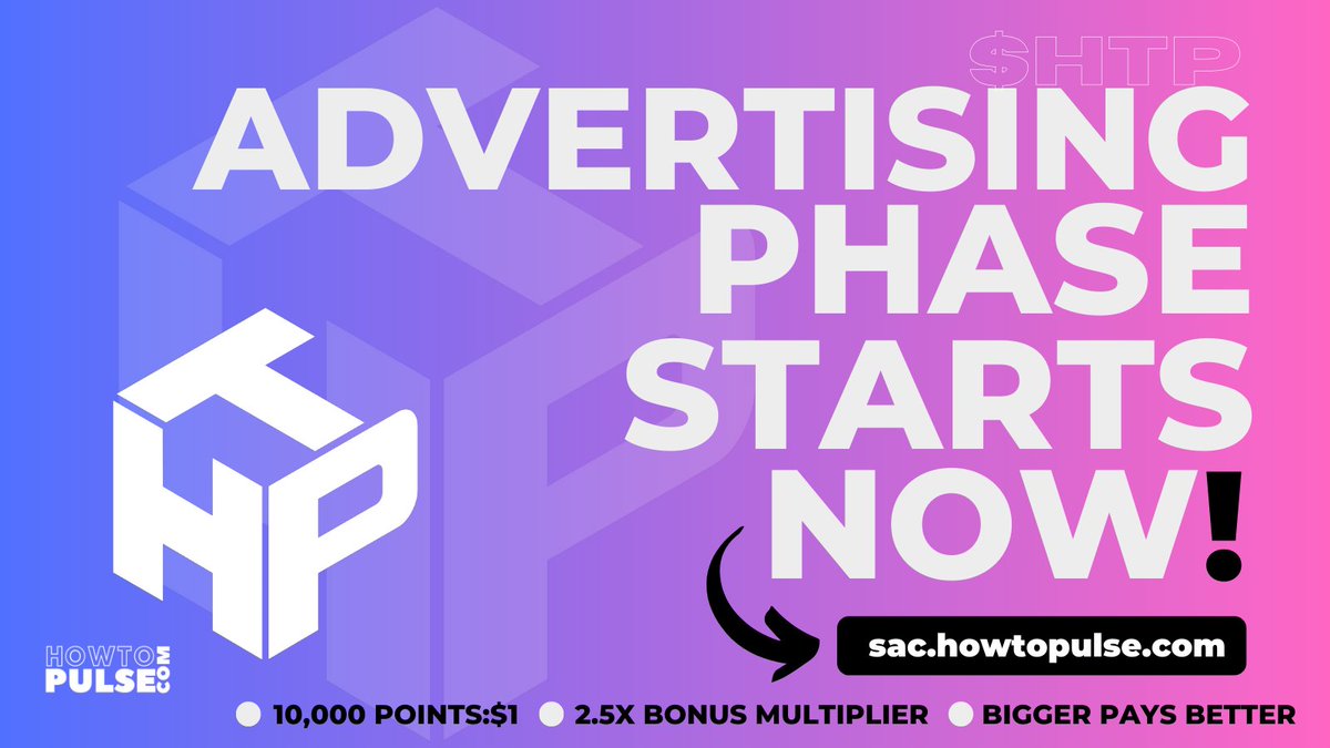 HowtoPulse's tweet photo. The Advertising Phase for $HTP is LIVE!
👉 https://t.co/o84y1UnKf2
🧵1/2👇 #PulseChain #PulseChainProjects