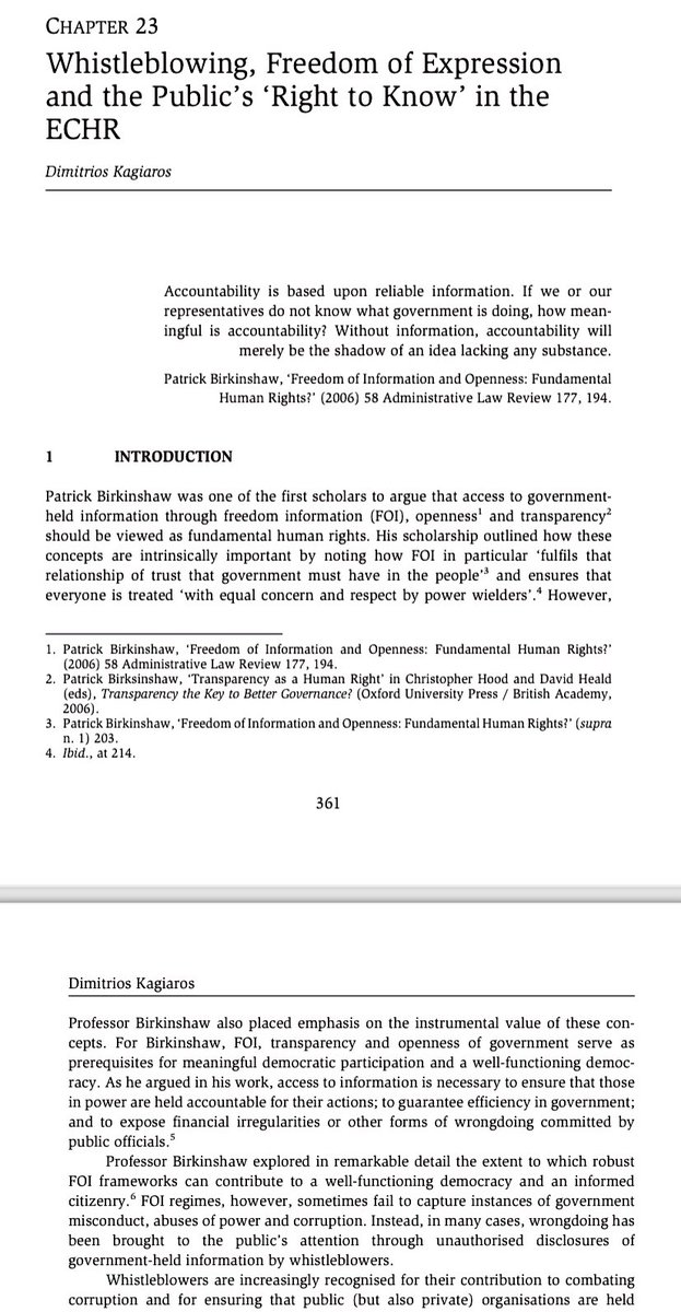 New chapter on “Whistleblowing, Freedom of Expression and the Public’s ‘Right to Know’ in the ECHR” in a forthcoming edited collection of essays in honour of Prof. Patrick Birkinshaw (written before the recent Halèt GC judgment, which I cover in another forthcoming piece!)