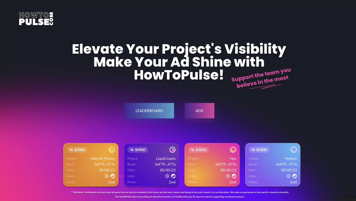 HowtoPulse's tweet photo. How It Works
1️⃣ Purchase an ad and earn points
2️⃣ Watch your ad climb the interactive leaderboard
3️⃣ View your ad's position and visibility
🧵2/2👇 #PulseChain #PulseChainProjects https://t.co/dk8Di7JOq9
