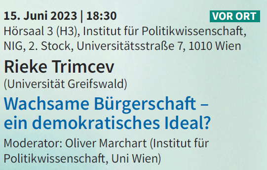 PolTheorieWien's tweet photo. Aus dem Fachbereich #PolitischeTheorie:
Wir freuen uns eine weitere #IPWLecture hosten zu dürfen! Nächsten Donnerstag spricht Rieke Trimcev (@uni_greifswald) mit uns über "Wachsame Bürgerschaft - ein demokratisches Ideal?"
Details hier:
https://t.co/iW6hlhpQrW https://t.co/qJsrrNPLXX