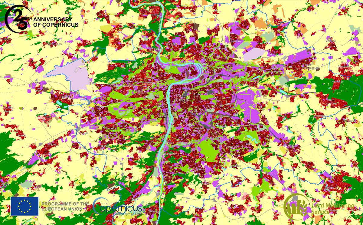 CopernicusEU's tweet image. 25 years of working to serve the planet 🌍

Since 2017, our #LandMonitoring Service&apos;s Urban Atlas has been used by the city of #Prague🇨🇿 to support urban planning

⬇️This map shows the city has lots of urban and industrial land use, with some large green areas

#Copernicus25