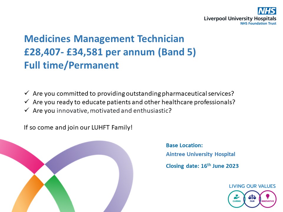 📷 VACANCY ALERT 📷
We are currently hiring a medicines management technician to provide outstanding pharmaceutical services.
Follow the below link to apply now: tinyurl.com/unce2df4
#TeamLUHFT #LiverpoolJobs #pharmaceuticalindustry