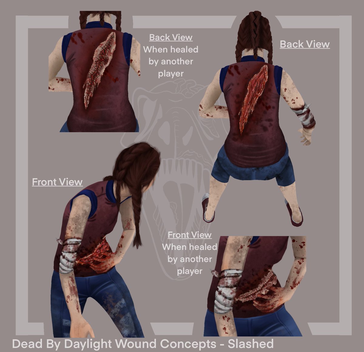 Din0gore's tweet photo. I have finally finished uni! 

This means I can finally show y’all my dissertation pieces! 

My dissertation was research into gore in video games and how that affects an audience, for this I designed wound ideas for killer weapon types from @DeadbyDaylight 

#DeadbyDaylight #dbd https://t.co/pfDbKJh7uR