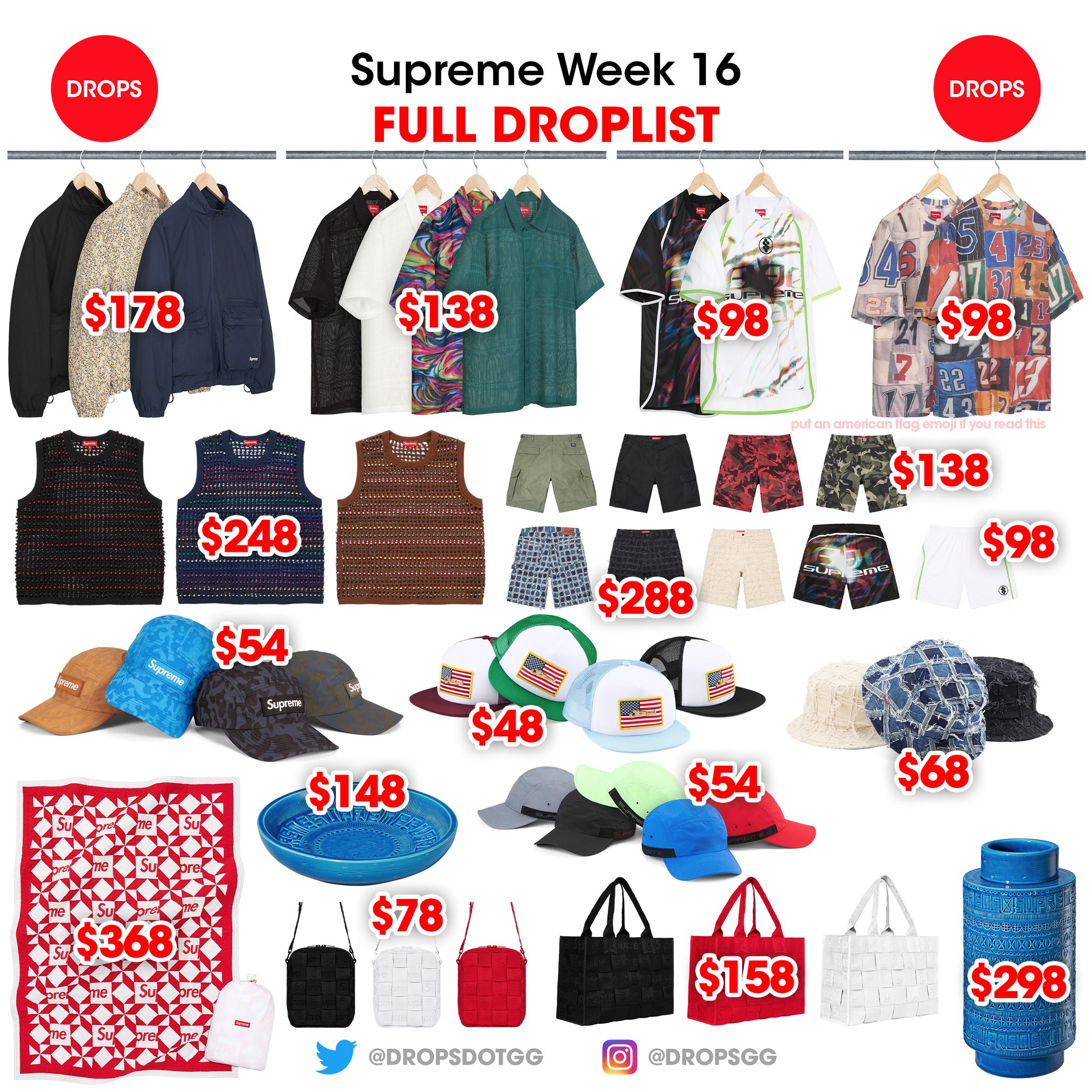 Supreme Drops on X: Supreme Week 16 - Full Droplist & Retail Prices  Releasing this Thursday, this week features Bitossi Vase and Bowl, Woven  Bags, Patchwork quilt and lookbook items 🔥 Let