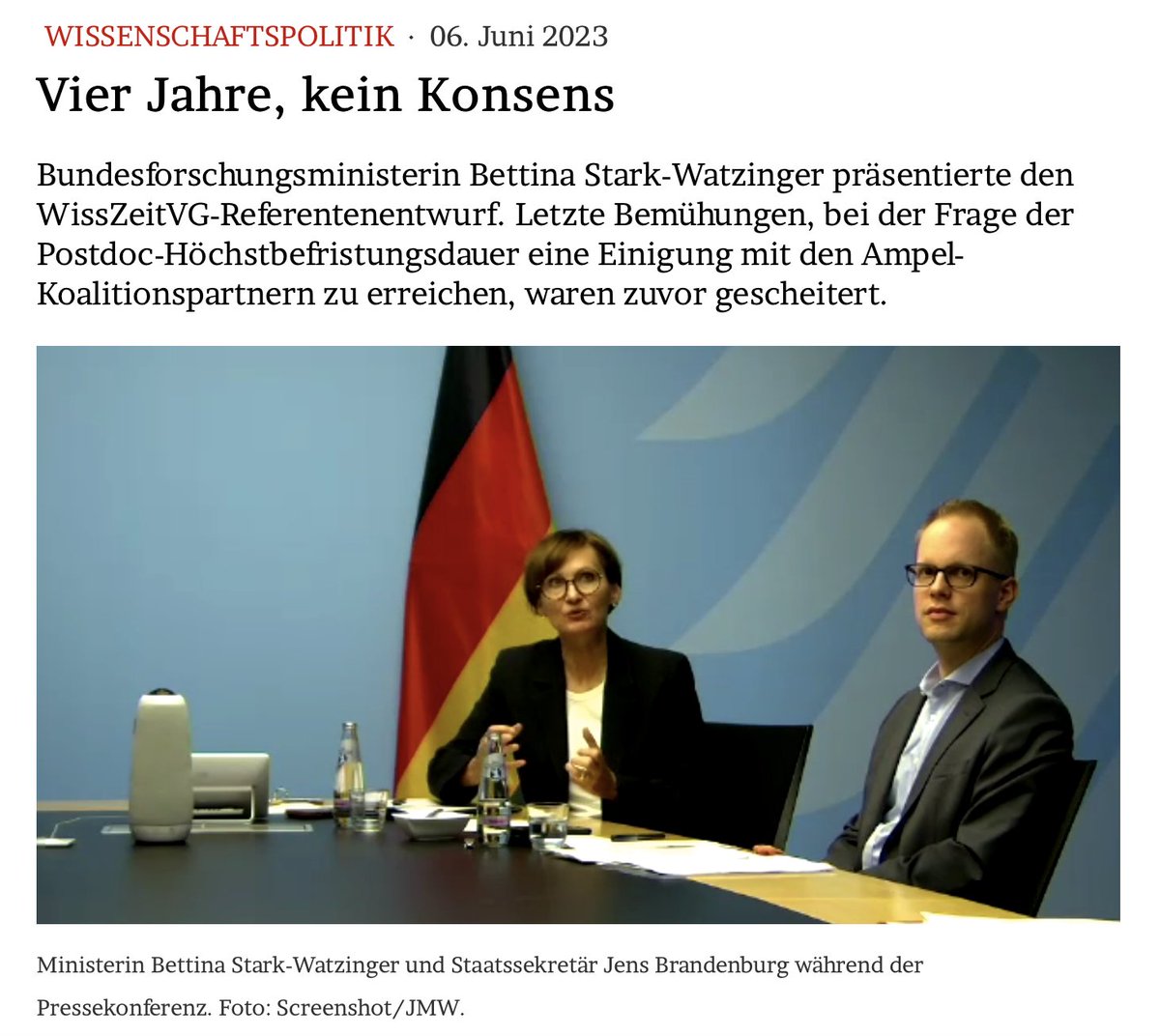 VIER JAHRE, KEIN KONSENS

Bundesforschungsministerin Stark-Watzinger präsentierte den #WissZeitVG-Referentenentwurf. Letzte Bemühungen, bei der Frage der Postdoc-Höchstbefristungsdauer eine Ampel-Einigung zu erreichen, waren zuvor gescheitert.

Im Blog: jmwiarda.de/2023/06/06/vie…