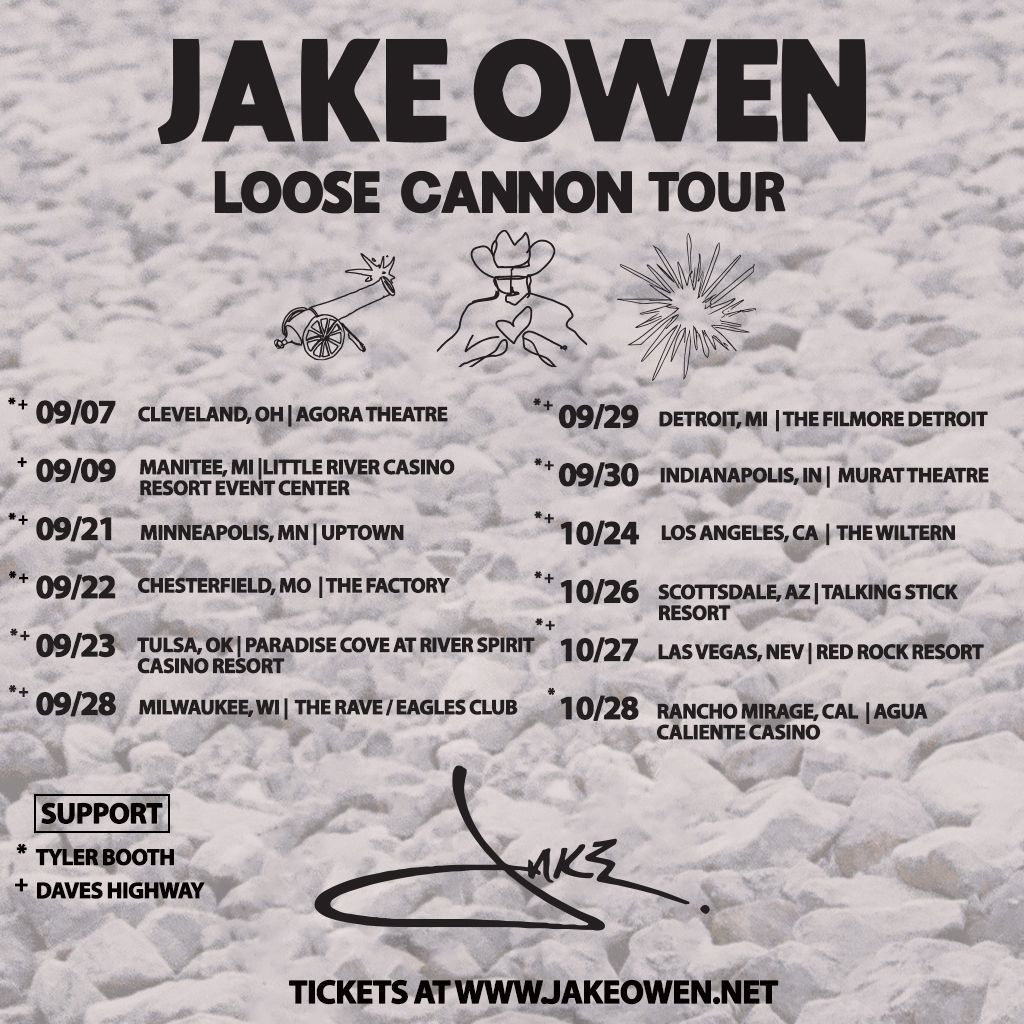 #TylerBooth and #DavesHighway as #support!

Jake Owen: “I'm so excited to get back on the road and share all the new music from Loose Cannon with you.”

Complete #News #JakeOwen #LooseCannonTour at #CountryMusicNewsInternational #Magazine countrymusicnewsinternational.com/jake-owen-loos…