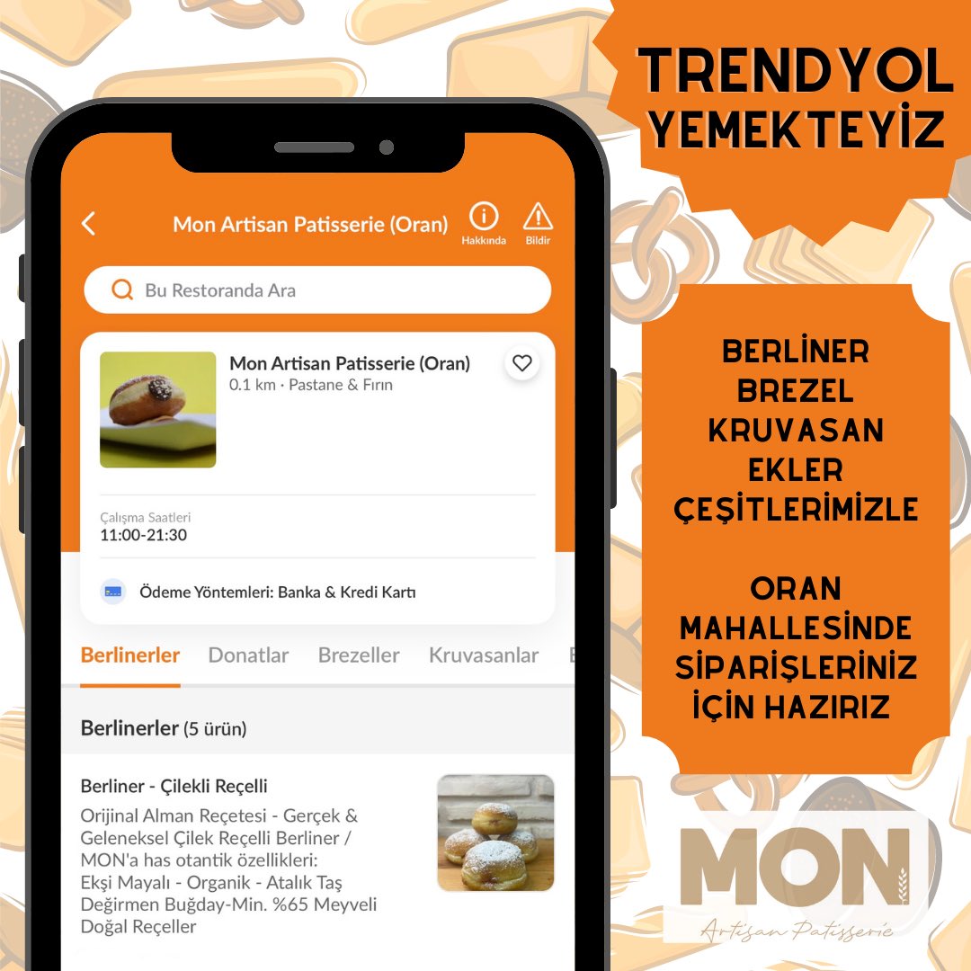 Trendyol Yemek’teyiz 📲
Berliner-Brezel-Kruvasan-Ekler çeşitlerimizle Oran Mahallesinde siparişleriniz için hazırız 💛
.
.
.
#bake #mon #doğal #organik #artisan #patisserie #ankara #panora #trendyolyemek #trendyolyemekkapınızda #trendyolyemekteyiz