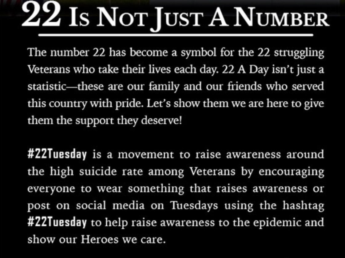 One Veteran suicide is one too many. 

Time to end the stigma. 

Let’s end the epidemic and take care of our Veterans. Reach out and check in on your brothers and sisters. Leave no brother or sister behind. IGY6

#22Tuesday #22ADay