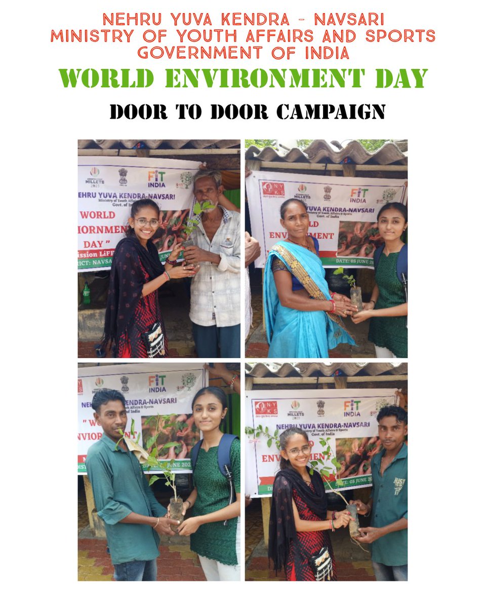 Celebration of World Environment Day
Nehru Yuva Kendra Navsari conducted tree plantation and door to door campaign at various places in Navsari district to make people aware of environment. 
#WorldEnvironmentDay #WorldEnvironmentDay2023 #EnvironmentDay
