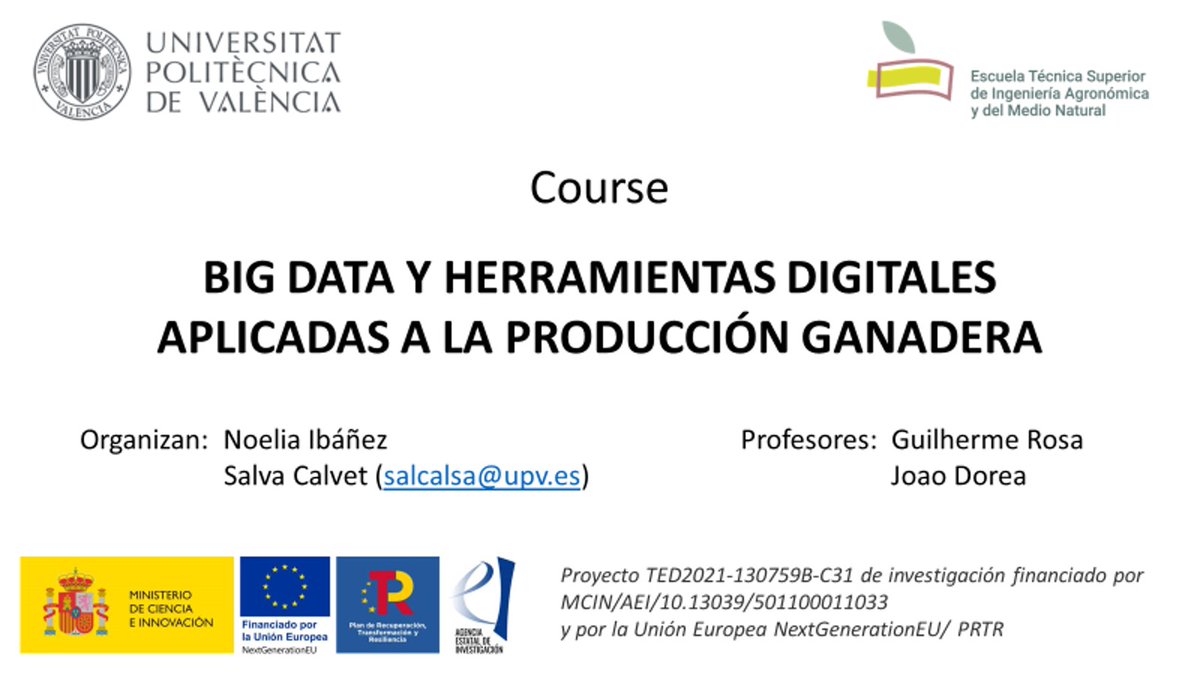 Salva Calvet (@salvacalvet) on Twitter photo These week we are on fire at <a href="/eamnupv/">EAMNUPV</a> @upv with the impressive course on #BigData #PLF #MachineLearning #Sensors #ImageAnalysis, promoted by our TED-Farm <a href="/AgEInves/">Agencia Estatal de Investigación</a> project. Thanks to our lecturers <a href="/gjmrosa/">Guilherme J. M. Rosa</a> and <a href="/jrrdorea/">Joao Dorea</a>. Valuable discussions on the future of livestock production. These week we are on fire at <a href="/eamnupv/">EAMNUPV</a> @upv with the impressive course on #BigData #PLF #MachineLearning #Sensors #ImageAnalysis, promoted by our TED-Farm <a href="/AgEInves/">Agencia Estatal de Investigación</a> project. Thanks to our lecturers <a href="/gjmrosa/">Guilherme J. M. Rosa</a> and <a href="/jrrdorea/">Joao Dorea</a>. Valuable discussions on the future of livestock production.