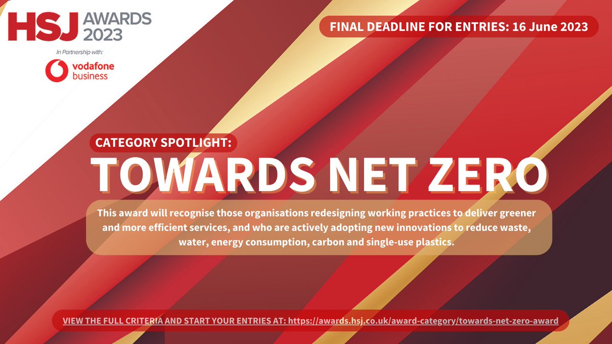 The #HSJAwards are open for entries until 1⃣6⃣ June. The 'Toward Net Zero' award recognises #NHS organisations working to deliver greener and more efficient services. awards.hsj.co.uk/award-category…