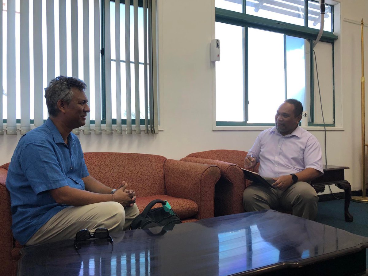 The first stop on Mr. <a href="/Isrbasu/">Sudip Ranjan Basu🇺🇳</a> trip in #Tuvalu was to meet the Permanent Secretary for the Ministry of Justice, Communications, and Foreign Affairs Dr. Tauisi Taupo. Both talked about interventions that can be made and work that can be done together with the <a href="/UNESCAP/">United Nations ESCAP</a> #ESCAP.