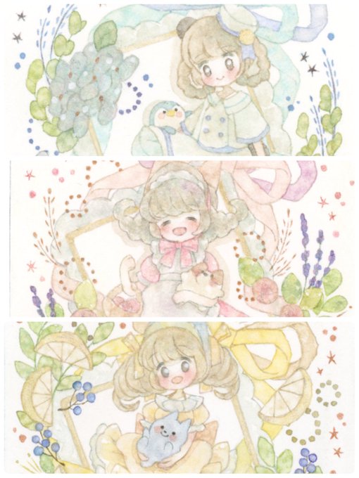 ミニ原画3枚出来ました(*^^*) 三原色をテーマに描きました🖌  #TetoTetoからの招待状