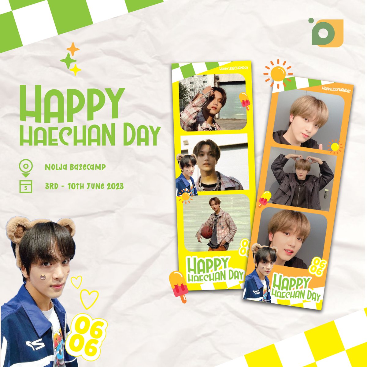 noljabasecamp's tweet photo. [SPECIAL HAECHAN DAY FRAME]

Let's celebrate our Fullsun Day with photobooth at Nolja!🌞

📅Available 3rd - 10th June 2023
📍Nolja Basecamp

Capture your memories in Haechan special day🌻
Don't forget to tag us❤️

#haechanbirthday #기다려왔잖니_쩨고의날_해찬생일 #HAPPYHAECHANDAY https://t.co/Zf8ldNwBPB