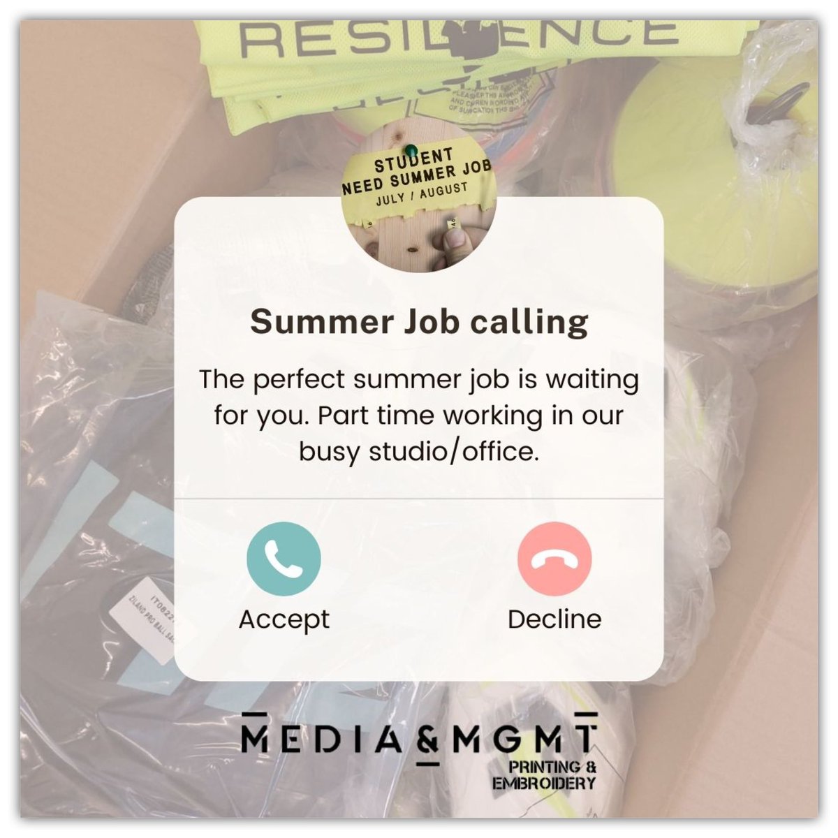 Are you a student looking for a summer job? ☀️

We have the perfect role for you in our busy studio/office. 

2/3 days a week, 8:30-4:30 from college/school end through the summer break. 

Must be over 16 to apply. 
Email justask@mediamgmt.co.uk

#summerjob #doncasterisgreat