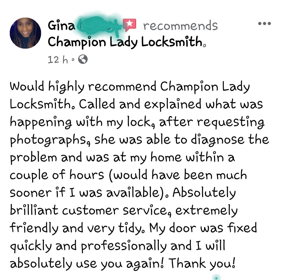 I always appreciate it when a customer takes the time to leave a lovely review 😊 Thankyou Gina its very much appreciated 😁👍#ChampionLadyLocksmith #MiltonKeynes #Kingsmead