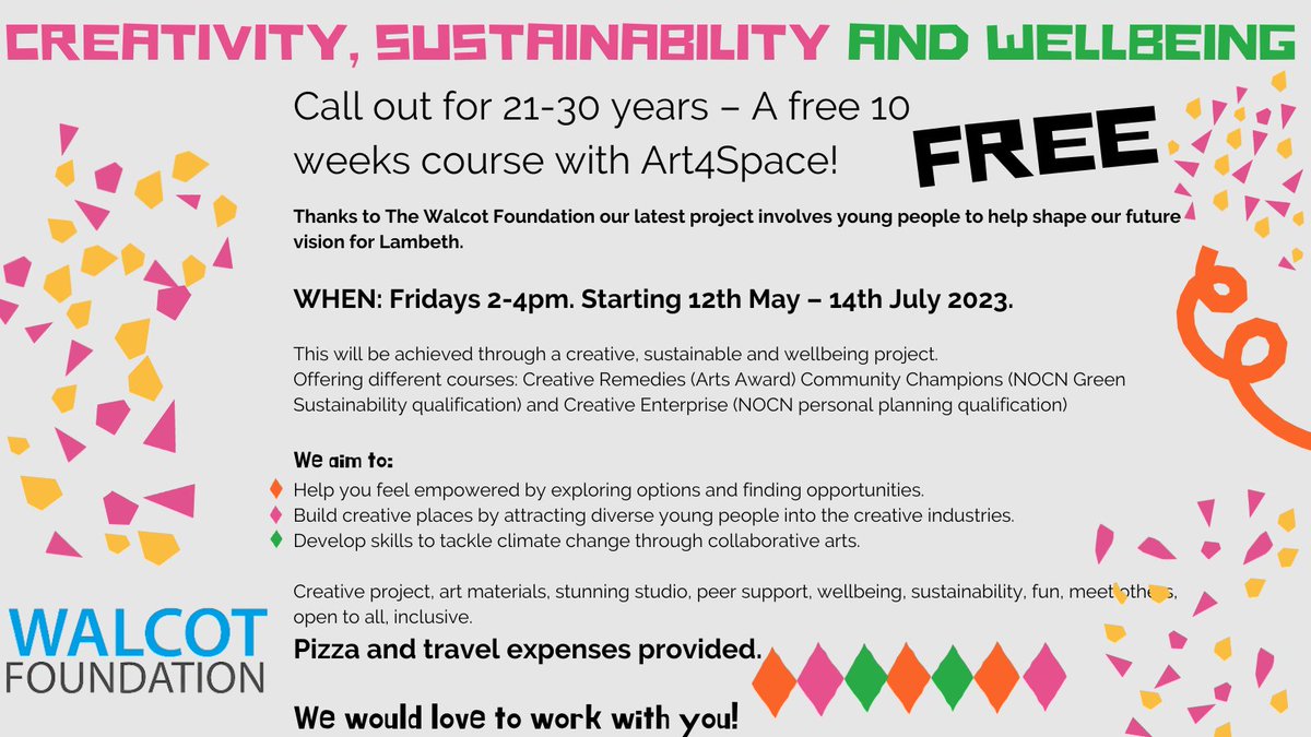 Art4Space's tweet image. For 21-30 year olds.

If you cannot make all the sessions, please sign up and start and join when you can, or pop in to see one in action!

Pizza and travel/time expenses (£5 per person) provided. 🍕💸

Fridays 2-4pm until 14th July #Lambeth 

Sign up: form.jotform.com/230932396797370