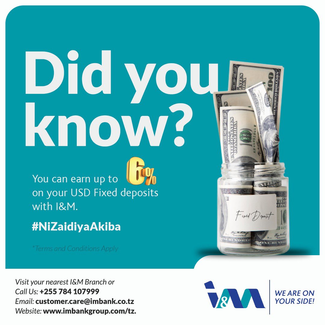 It’s more than savings. 
Enjoy competitive rates by securing a USD Fixed Deposit Account with I&M Bank. 

#GetMore
#WeAreOnYourSide
