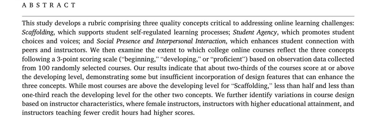🔔 Publication alert 🔔 

Examining design characteristics of online college courses regarding #scaffolding, #studentagency, and #interactivity

#highered #onlinecourses #edtech

Free access until July 23:
authors.elsevier.com/c/1hBV43vNrYvL…

Stable DOI: doi.org/10.1016/j.ihed…