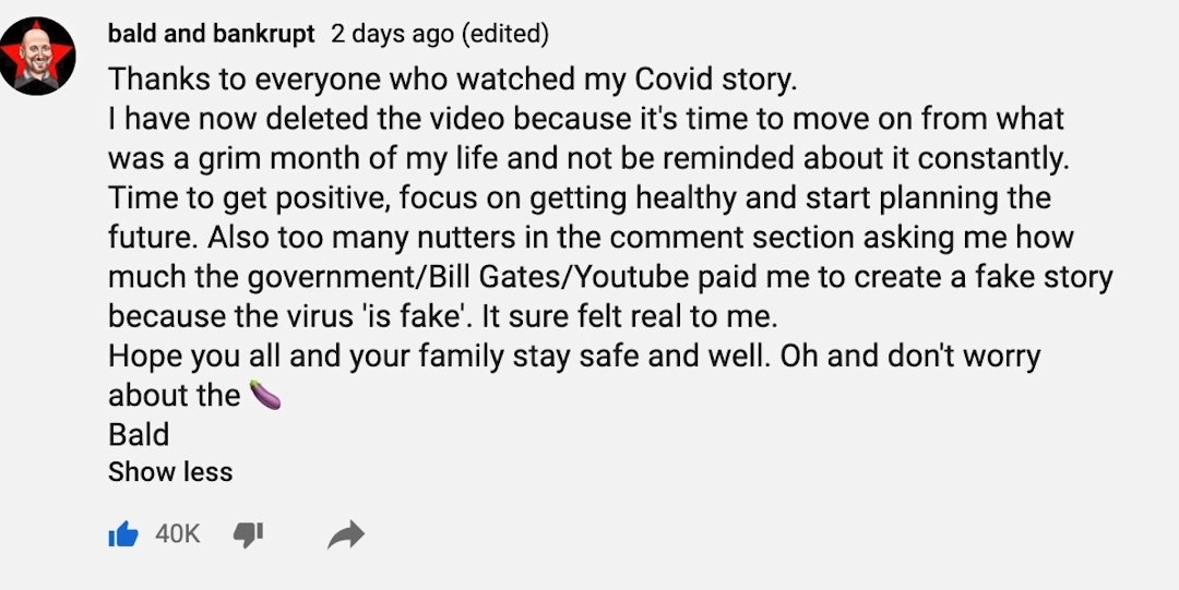 Seine gefährliche Erfahrung mit der #Pandemie löschte er aber, nachdem ihm die üblichen #Covidioten vorwarfen, Lügengeschichten zu erfinden und von #BillGates bezahlt zu werden. 🤦‍♂️

Gute Besserung Benjamin 
aka 'Bald and Bankrupt'