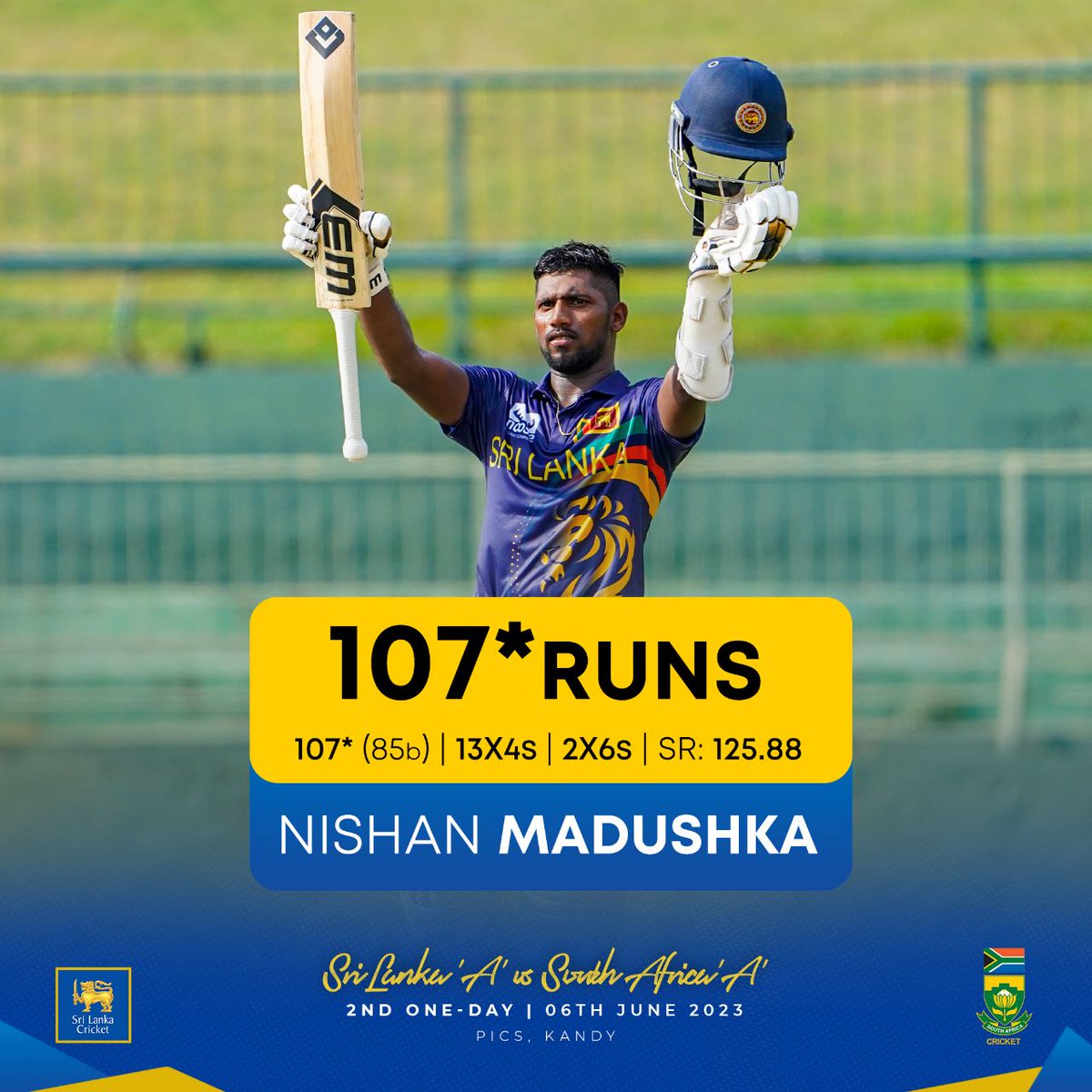 🇱🇰🆚🇿🇦 Unbeaten 107 from Nishan Madushka leads Sri Lanka 'A' team to a comprehensive seven-wicket victory against South Africa 'A' team! 🔥

#SLvSA #SLATeam