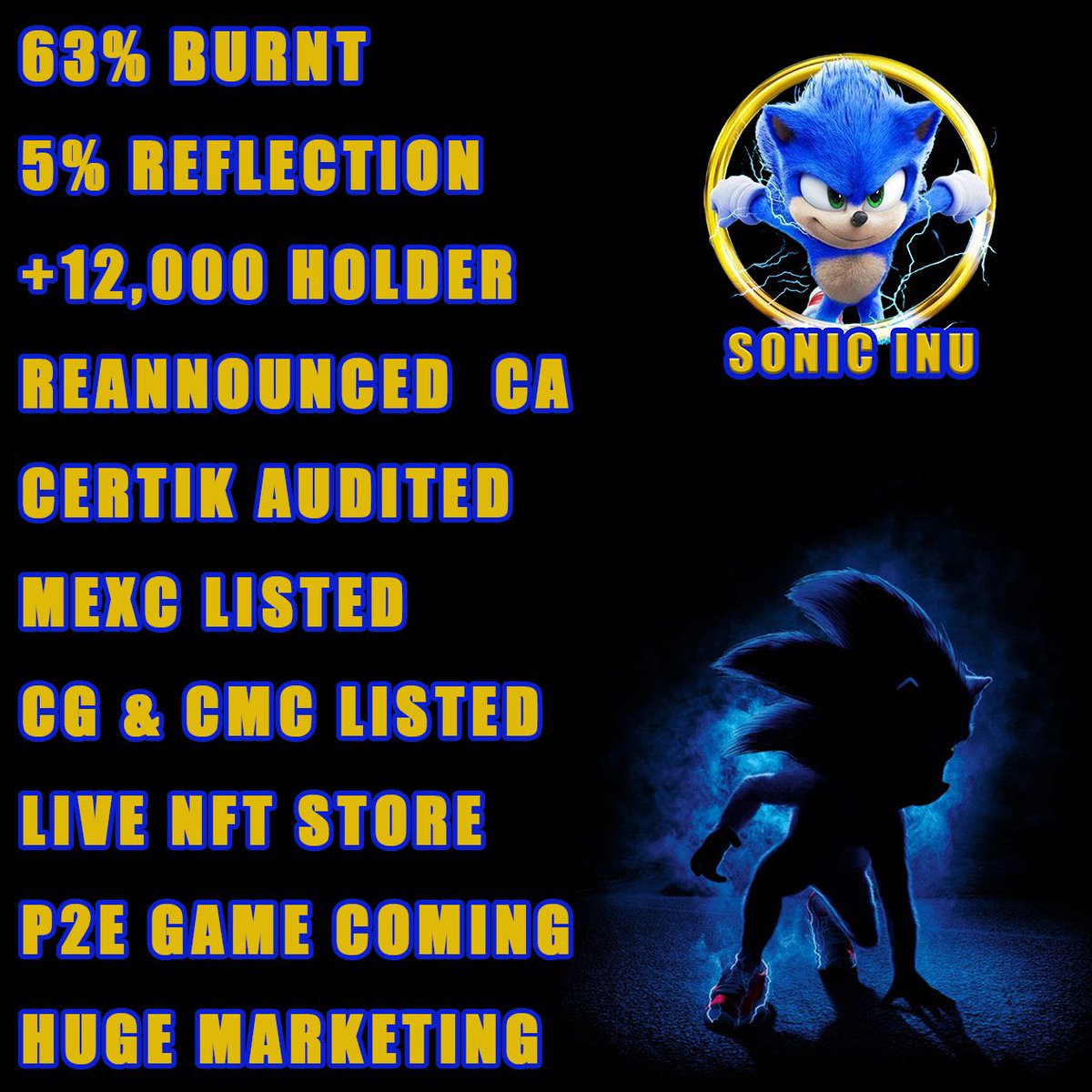 🔵 SONIC INU Meme Token ⚡️
🔵 63% Burnt 🔥
🔵 Renounced contract ✔️
🔵 5% Reflection 💲
🔵 +12K holders 🆒
🔵 Certik Audited ⚡️
🔵 CMC and CG listed 📌
🔵 Mexc listed and more coming ‼️
🔵 Daily marketing and trends 📣
🔵 NFT Marketplace ☄️
🔵 Dashboard live and p2e game coming