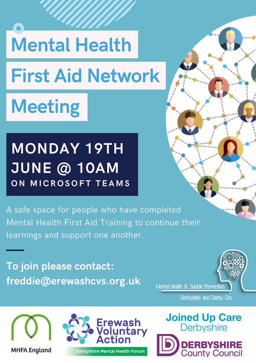 Are you a Mental Health First Aider ❓

Join our next Mental Health First Aid Network Meeting

📆 Monday 19th June
⏰ 10am
💻 Microsoft Teams

To join, email freddie@erewashcvs.org.uk 

#mentalhealthfirstaid #mentalhealthsupport #derbyshirementalhealth