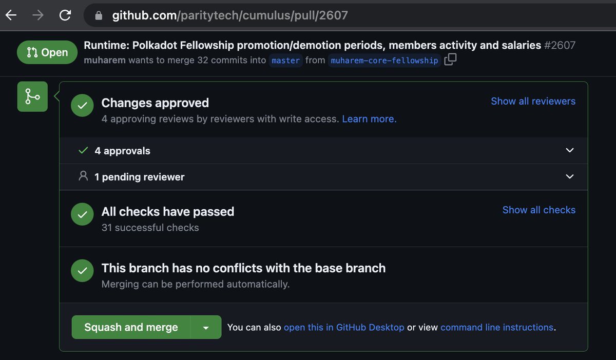 Merging the last of a series of PRs to bring the @Polkadot Fellowship to life: member induction, ranking and monthly salary payments. XCM is used to allow salaries to be paid in any token on any chain, for now USDT on Assets Hub. And it's all super-customisable and redeployable.