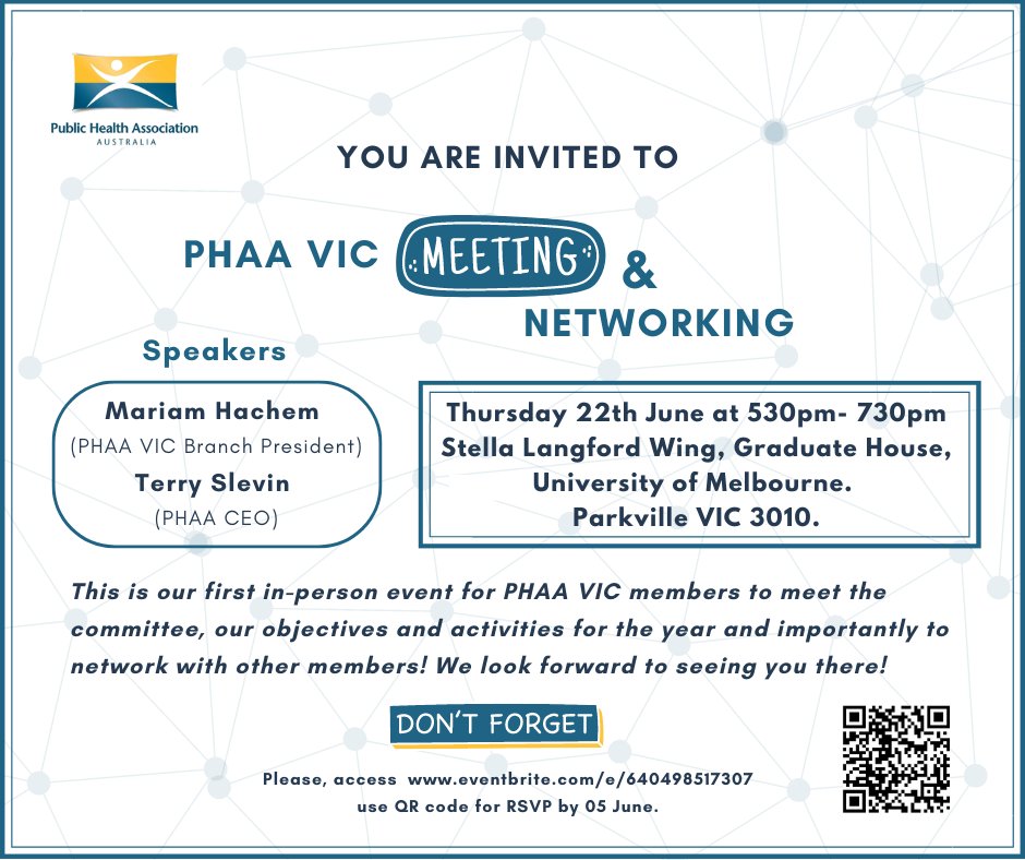 We are excited to invite you to the first in-person #networking meeting with PHAA VIC committee! @_PHAA_ #members #prevention #health @terryslevin @_mariamhachem