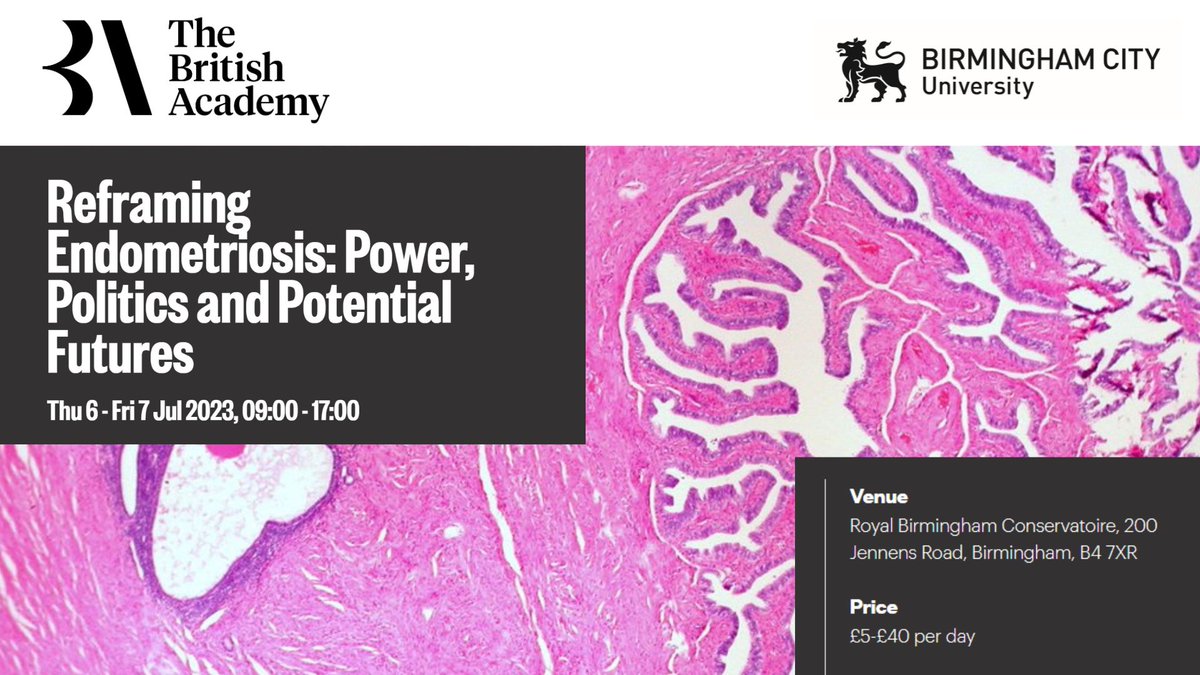 Endometriosis.org (@endometriosis) on Twitter photo .<a href="/BritishAcademy_/">The British Academy</a> + <a href="/MyBCU/">Birmingham City University</a> are hosting #endometriosis event on 6 - 7 July bringing together social science and biomedical researchers for panel discussions on how to "reframe endometriosis" addressing #power, #politics, and potential futures.
thebritishacademy.ac.uk/events/british… .<a href="/BritishAcademy_/">The British Academy</a> + <a href="/MyBCU/">Birmingham City University</a> are hosting #endometriosis event on 6 - 7 July bringing together social science and biomedical researchers for panel discussions on how to "reframe endometriosis" addressing #power, #politics, and potential futures.
thebritishacademy.ac.uk/events/british…