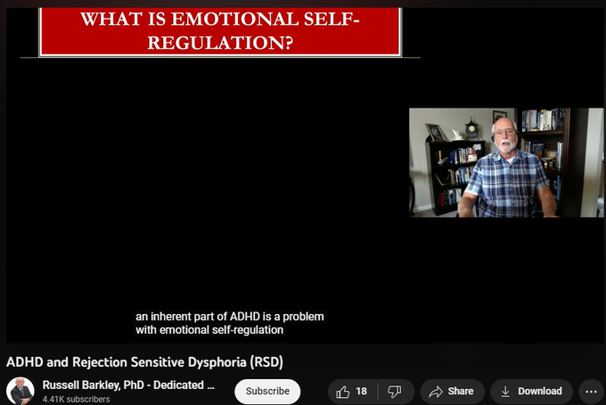 103 views  6 Jun 2023
It has been proposed by a well known clinician that ADHD may be associated with a new disorder known as Rejection Sensitive Dysphoria.  Here I briefly note the nature of this condition and explain why it is unnecessary to account for the strong emotional reactions people with ADHD may have to social rejection or other provocative events like failure to meet goals.  RSD is not a valid disorder with an empirical basis in the mental health sciences.  The problems it includes are already better accounted for by the fact that ADHD involves poor executive functioning and one important such function is emotional self-regulation.  That component already explains the high likelihood of strong emotional reactions to numerous events than does RSD.
ADHD and Rejection Sensitive Dysphoria (RSD)
https://www.youtube.com/watch?v=WxNIPfddmuM