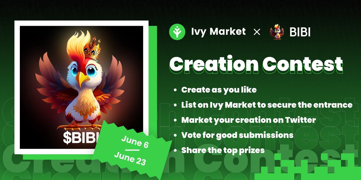 📢 Calling all artists & creators!!

#IvyMarket x @BIBI_Foundation 
 Creation Contest is ON 🥳

🎨 Design fun stuff around $BIBI & upload #NFTs onto @Nuls on ivymarket.io/vote-activity/4 before 10AM UTC, June 15

🥇: $300
🥈: $150
🥉: $100
4-10: $20 each

#AIGC is encouraged 🙌

🧵