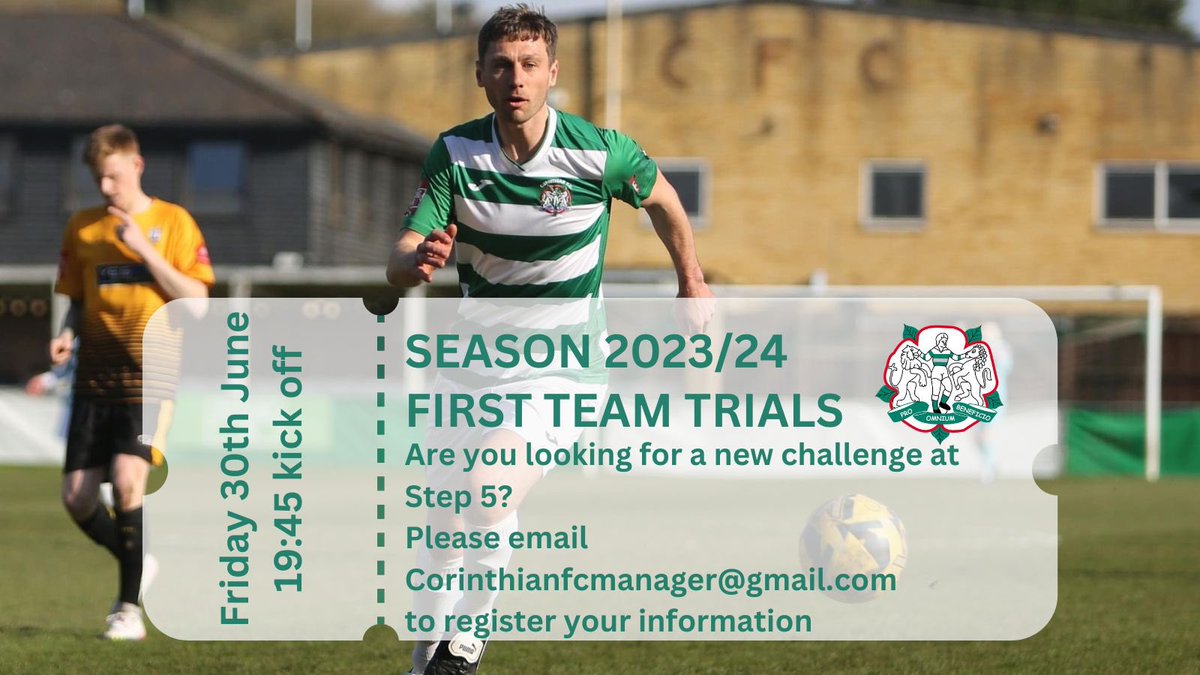 #𝐓𝐡𝐞𝐇𝐨𝐨𝐩𝐬 𝟏𝐬𝐭 𝐓𝐞𝐚𝐦 𝐓𝐫𝐢𝐚𝐥𝐬

🗓 30th June
⏰ 19:45

#TheHoops are holding an open trial for the first team for anyone who is interested in playing step 5 football at #TheFarm

📧 corinthianfcmanager@gmail.com to register your interest 

UTH 💚🤍