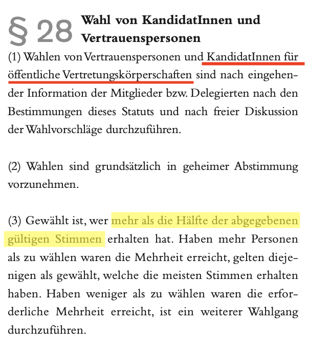 Um das vorab aufzuklären: § 58 Abs 3 des Statuts sieht vor, dass bei Parteifunktionen die Mehrheit der abg. Stimmen erreicht werden muss (die Ungültigen sind daher auszuweisen). Die gestern ggü Peter Kaiser zitierte Stelle, die auf gült. Stimmen abstellt, ist nicht einschlägig.