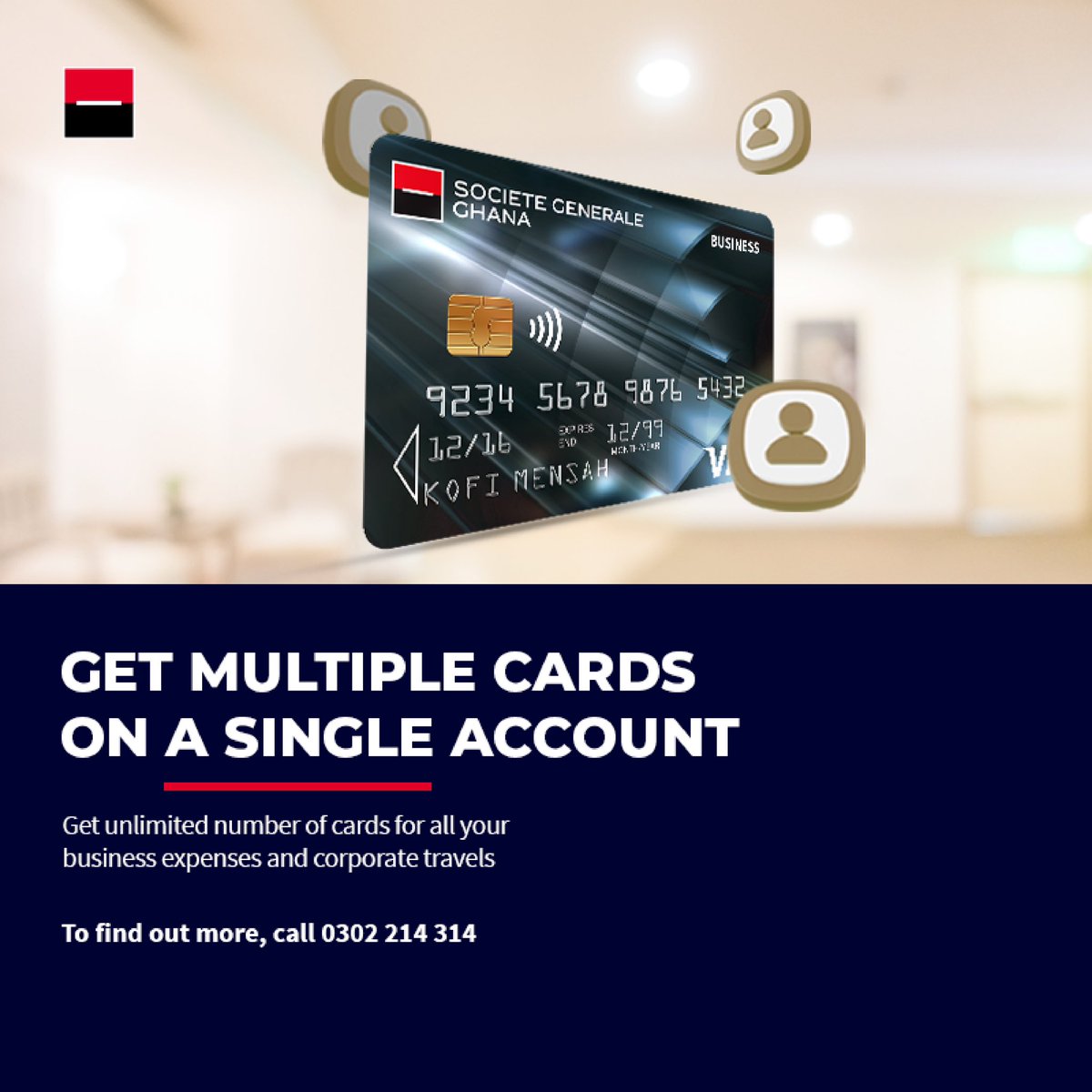 Get unlimited number of cards for all your business expenses and corporate travels.

Learn more: societegenerale.com.gh/en/individual/… 

To find out more, call 0302 214 314

#SGGhana #Banking #PersonalBanking #VisaCards