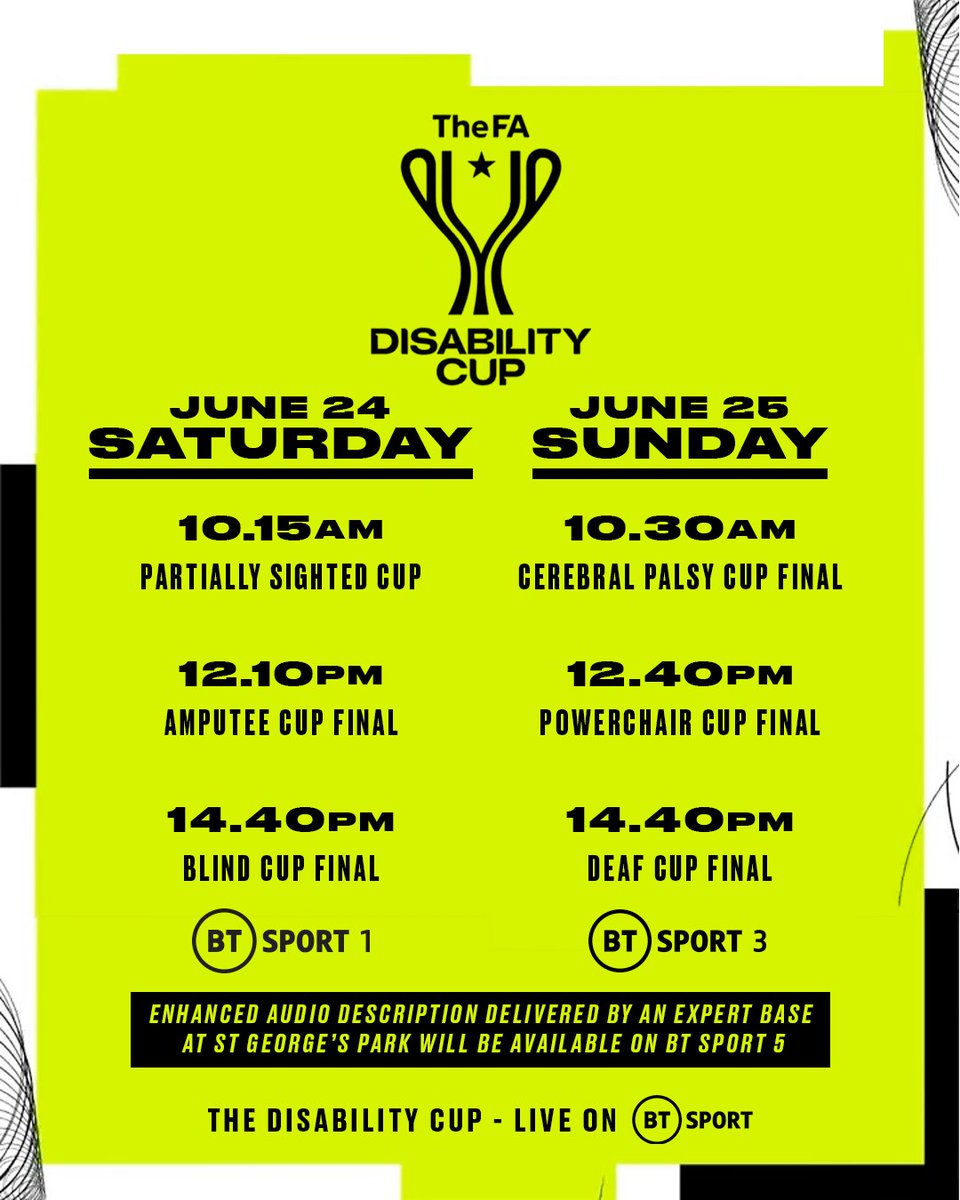 tntsports's tweet photo. The most accessible weekend of football in the calendar 👌

Join us for The FA Disability Cup on June 24th and 25th 🏆 https://t.co/jbIarTjerK