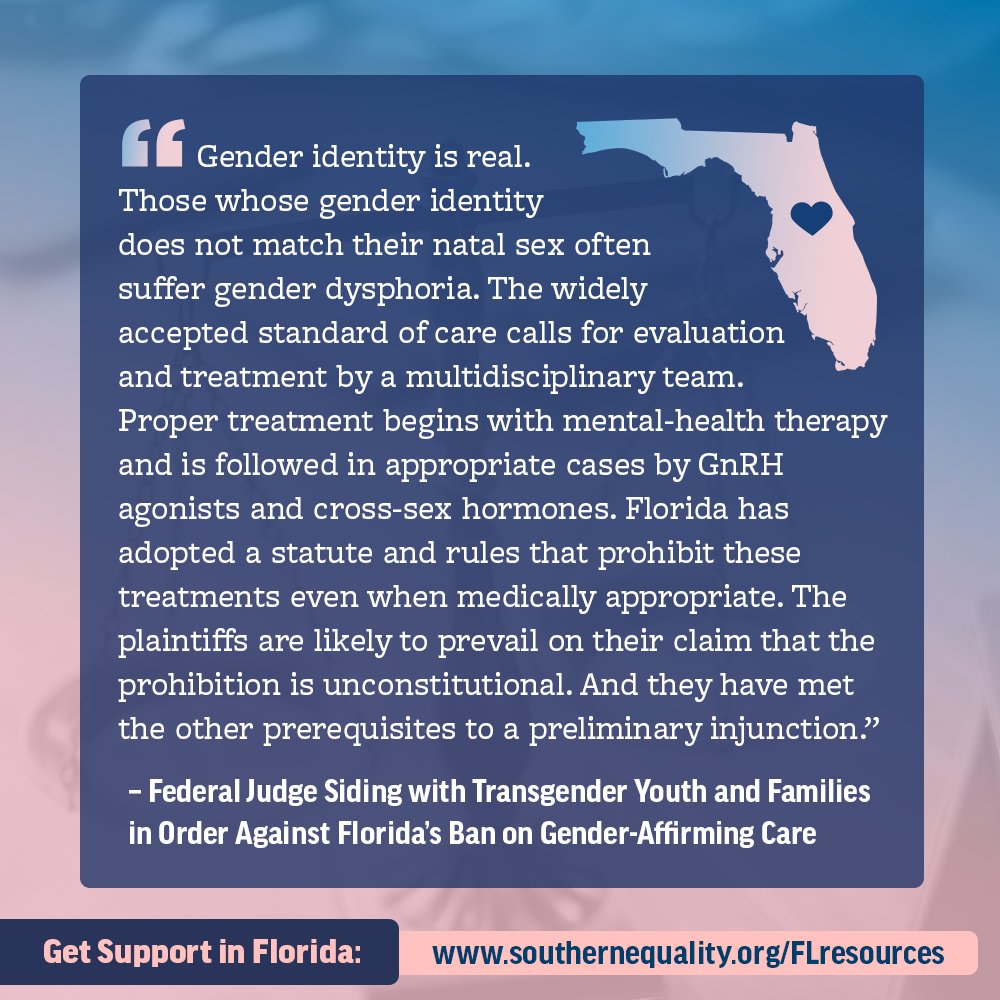 Great news: A judge has ruled against FL's anti-trans healthcare ban, halting enforcement of SB254 against the plaintiffs. Inspiring step toward restoring access to care in FL. Thank you to plaintiff families & @SouthernLegal, @GLADLaw, @HRC & @NCLRights: glad.org/post/federal-c…