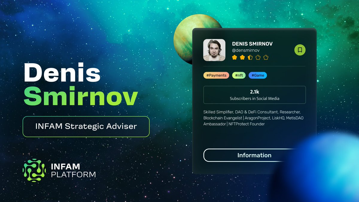 INFAM (@infam_platform) on Twitter photo Meet <a href="/densmirnov/">densmirnov .eth | 🐲 🛡️</a> - INFAM strategic adviser 🙌
Co-founder of DAOBuilders, #blockchain analyst, DeFi/DAO/NFT consultant, LISK & MetisDAO #ambassador
Together we'll make interaction btw key participants in #Web3 easier, safer & more profitable
Welcome to Infam.io! Meet <a href="/densmirnov/">densmirnov .eth | 🐲 🛡️</a> - INFAM strategic adviser 🙌
Co-founder of DAOBuilders, #blockchain analyst, DeFi/DAO/NFT consultant, LISK & MetisDAO #ambassador
Together we'll make interaction btw key participants in #Web3 easier, safer & more profitable
Welcome to Infam.io!