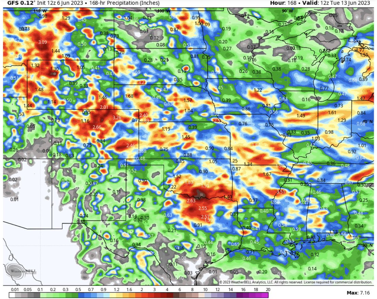 DDFalpha's tweet photo. GFS trended drier across ECB on noon run… still showing precip but amount is less. #corn #soybeans 🌽🌱 https://t.co/nnifk8XrvI