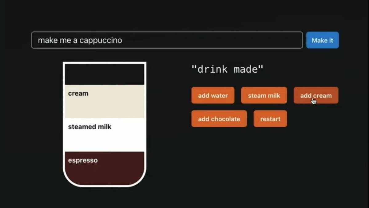 ▶️ Did you miss <a href="/DavidKPiano/">David K 🎹</a>’s <a href="/reactathon/">Reactathon</a> talk on making state management intelligent? 

Including this great demo of a coffee (state) machine that takes your order and uses AI as your barista…