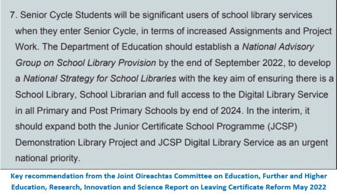This article hightlights the very poor level of school library provision in Ireland. Implementation of the Joint Oireacthas Committee on Education recommendations needs to commence without delay <a href="/Education_Ire/">Department of Education and Youth</a> <a href="/NormaFoleyTD1/">Norma Foley T.D</a> <a href="/SimonHarrisTD/">Simon Harris TD</a> <a href="/campaign4kehoe/">Paul Kehoe</a> <a href="/PDSTie/">PDST</a> <a href="/LAIonline/">Library Association</a>