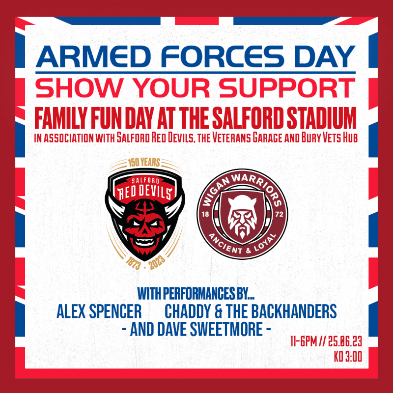 SalfordDevils's tweet photo. 𝗔𝗥𝗠𝗘𝗗 𝗙𝗢𝗥𝗖𝗘𝗦 𝗗𝗔𝗬! 🫡

It's an action-packed family fun day at the Salford Stadium and we want to beat our 7️⃣1️⃣0️⃣2️⃣ attendance record! 🏟️ 

Check out what's going on against @WiganWarriorsRL on Sunday 25th June and buy your tickets below! 🗓️