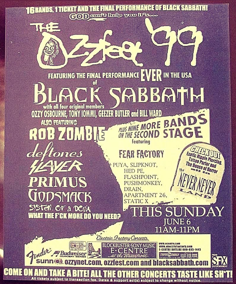 June 6, 1999
Camden, NJ
#BlackSabbath #RobZombie #Slipknot #Slayer #Deftones #Primus #Godsmack #SystemOfADown #HedPE