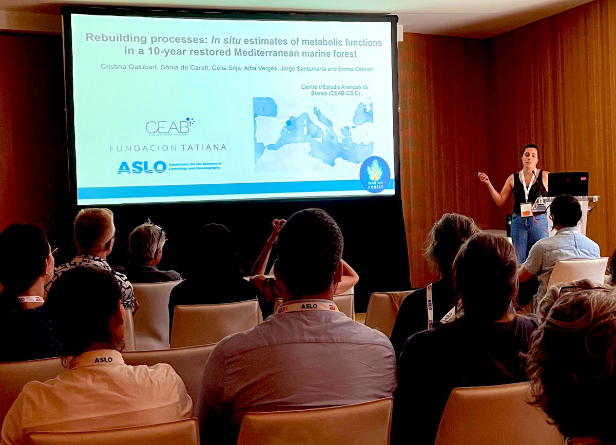 Super cool presentation by <a href="/GalobartC/">Cristina Galobart</a> showing a 10-year #restoration project of fucoids effectively reestablishes metabolic ecosystem functions in the Mediterranean #ASLO2023