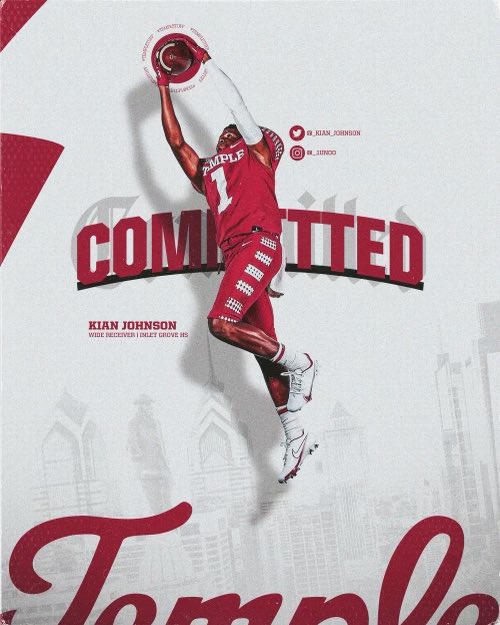 Kian “Cheetah” Johnson🐆 (@_kian_johnson) on Twitter photo Blessed and Honored to say that I am 1000% Committed to <a href="/Temple_FB/">Temple Football</a> #templetuff🍒 <a href="/Jafar_Williams/">Jafar Williams</a> <a href="/CoachJackson7/">Rashad D. Jackson</a> <a href="/InletGroveFB/">Inlet Grove</a> <a href="/larryblustein/">Blustein Recruiting</a> @On3Recruits <a href="/247Sports/">247Sports</a> Very Excited to be apart of this program!!!! Blessed and Honored to say that I am 1000% Committed to <a href="/Temple_FB/">Temple Football</a> #templetuff🍒 <a href="/Jafar_Williams/">Jafar Williams</a> <a href="/CoachJackson7/">Rashad D. Jackson</a> <a href="/InletGroveFB/">Inlet Grove</a> <a href="/larryblustein/">Blustein Recruiting</a> @On3Recruits <a href="/247Sports/">247Sports</a> Very Excited to be apart of this program!!!!
