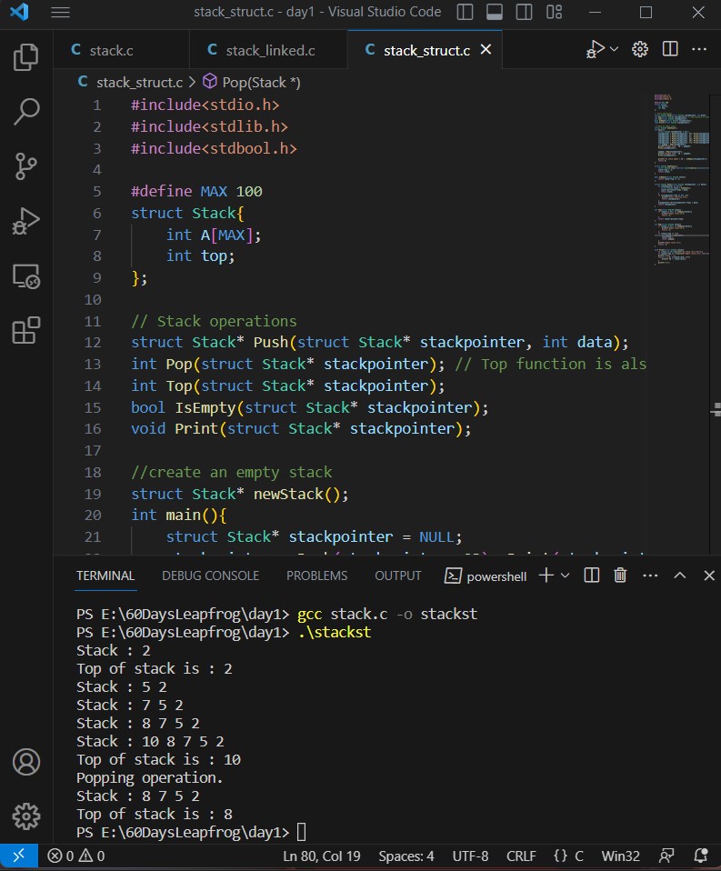 ge7i_spiron's tweet image. Implementing stack in three different ways. That&apos;s the story of day 5. #LearningWithLeapfrog #LeapfrogStudentPartnershipProgram.  #60DaysOfLearningWithLeapfrog
@lftechnology